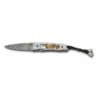 By Jere Folding Pink Opal/Turquoise/Bronze/Resin Handle Knife with Leather Sheath and Wooden Gift B…