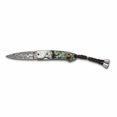By Jere Folding Blade Turquoise/Abalone/Obsidian/Bronze Handle Knife with Leather Sheath and Wooden…