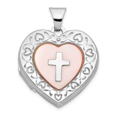 Sterling Silver Pink Mother of Pearl with Cross 21mm Heart Locket SSCMEI18189