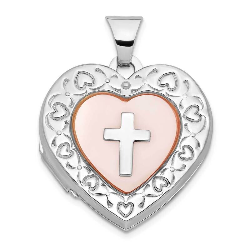 Sterling Silver Pink Mother of Pearl with Cross 21mm Heart Locket SSCMEI18189