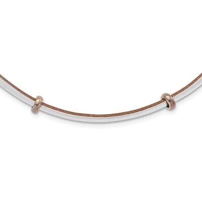 Sterling Silver Polished Silver &amp; Tan Leather Cord Bead Necklace SSCAU18315-23.5