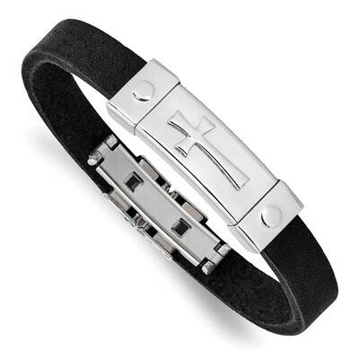 Stainless Steel Polished Black Leather Bracelet with Cross Plate and Deployme SSCMEI18339-7.75