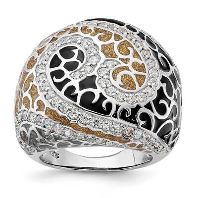 Sterling Silver Polished CZ with Black &amp; Gold &amp; Gray Enamel Filigree Ring SSCMEI18193-6.5