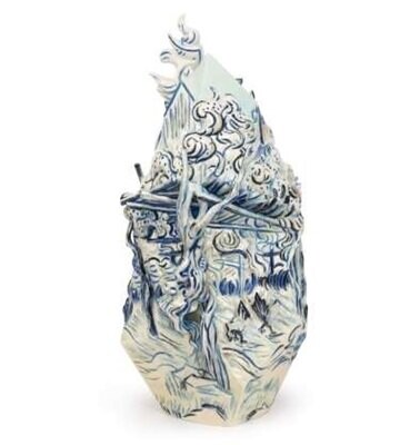 Franz Porcelain Van Gogh Wine For Life-Vineyard Design Sculptured Porcelain Vase With Wooden Base F…