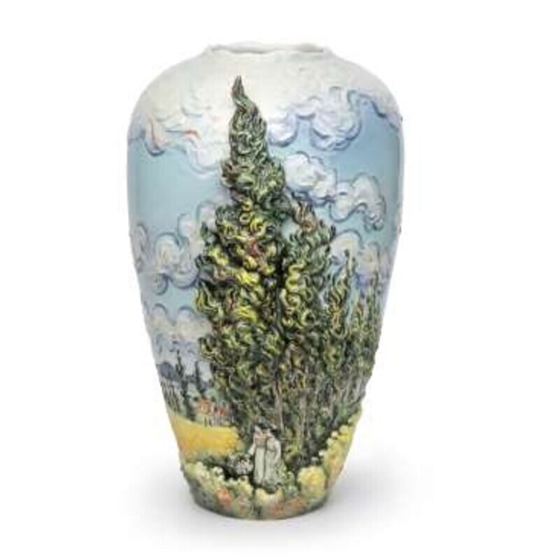 Franz Porcelain Van Gogh Evergreen Cypress-Cypress Design Sculptured Porcelain Vase With Wooden Base FZ03940