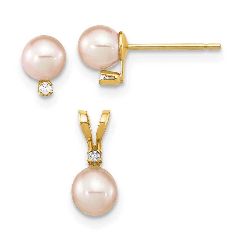 4-5mm Rd Pink Cultured Freshwater Pearl .03Ct. Diamond Earring and Pendant Set 14k Gold XF805SET