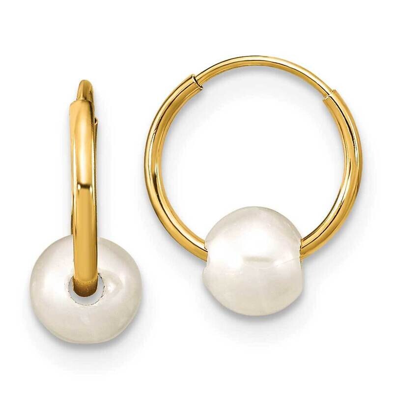 5-6mm Round White Cultured Freshwater Pearl Hoop Earrings 14k Gold SE3049