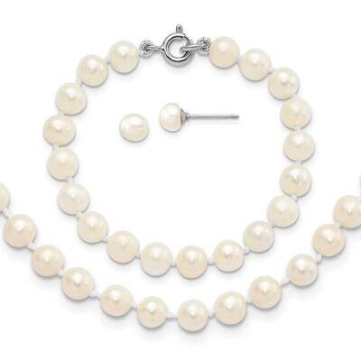 5-6mm Cultured Freshwater Pearl Neck/Brac/5mm Earrring Set Sterling Silver Rhodium-plated QG5617SET…