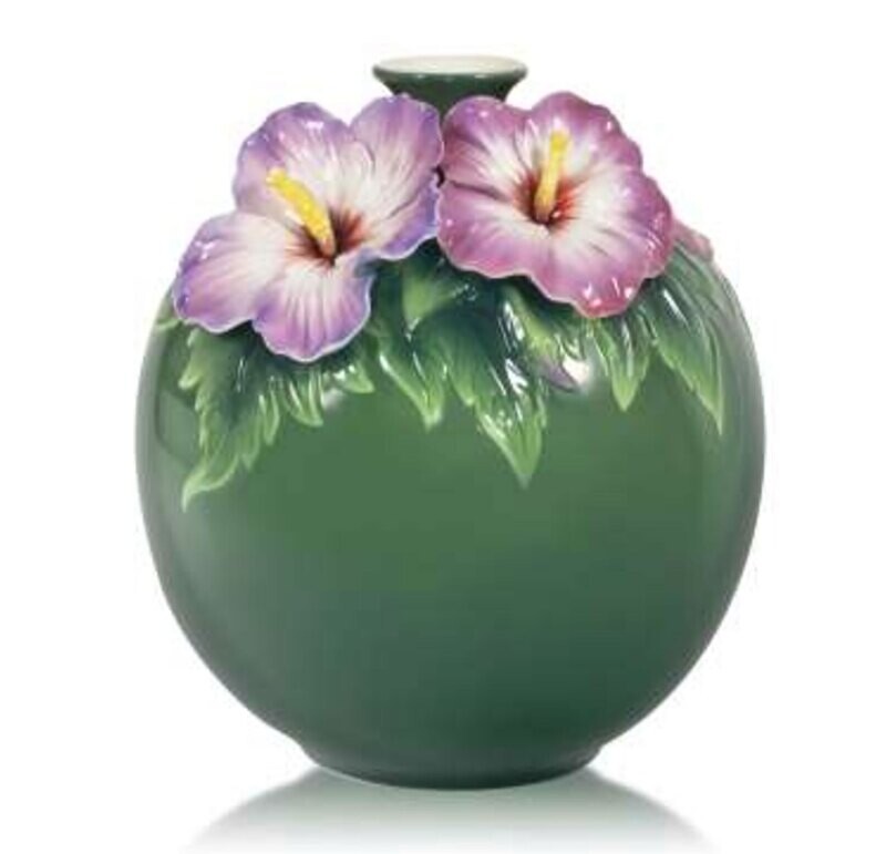 Franz Porcelain Blossom Moment Hibiscus Design Sculptured Porcelain Round Vase FZ03928