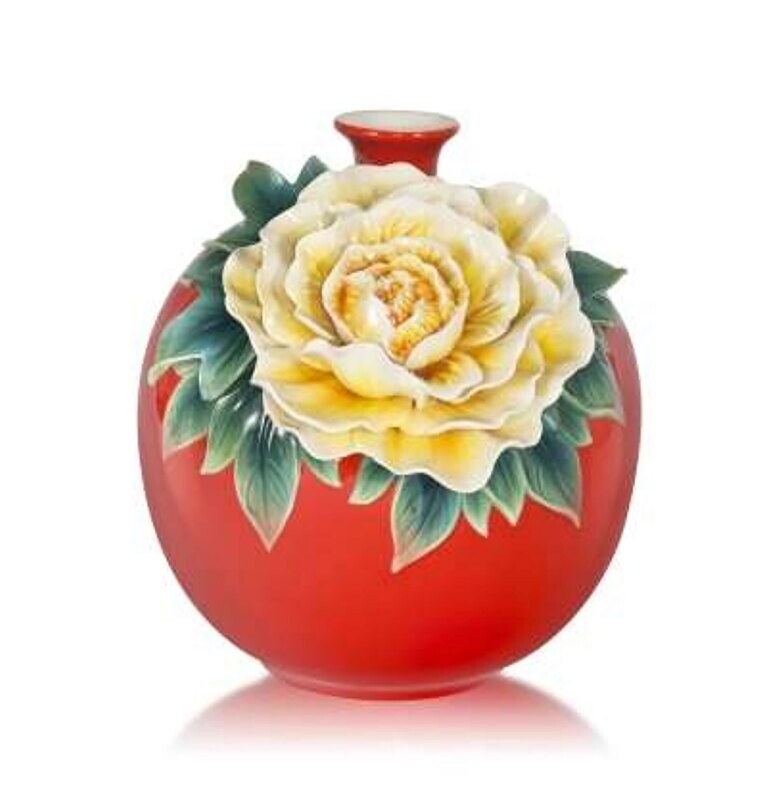 Franz Porcelain Divine Fragrance Peony Design Sculptured Porcelain Round Vase FZ03925