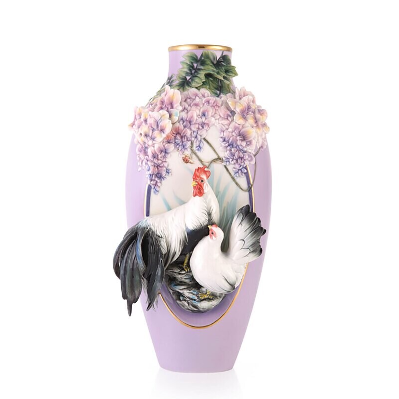 Franz Porcelain Good Fortune ~ Chickens Design Sculptured Porcelain Vase FZ03509