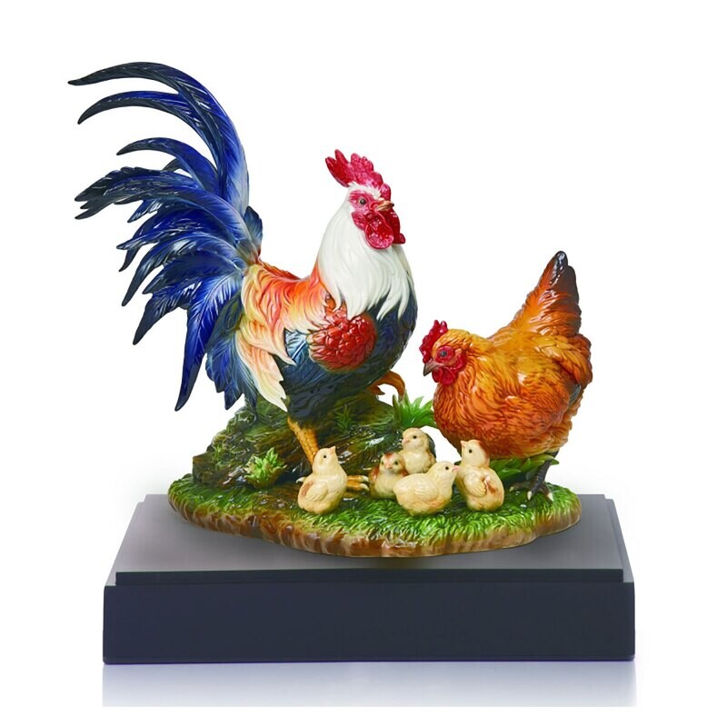 Franz Porcelain Chicken Family Design Sculptured Porcelain Figurine With Wooden Base FZ03819