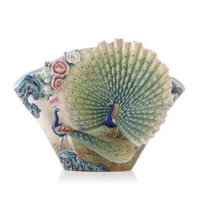 Franz Porcelain Shining Glory ~ Peacock Sculptured Porcelain Vase With Wooden Base FZ03507, MPN: FZ…