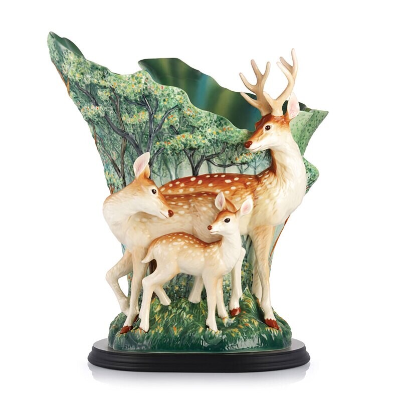 Franz Porcelain Family Portrait-Formosan Sika Deer Design Sculptured Porcelain Vase With Wooden Base FZ03056
