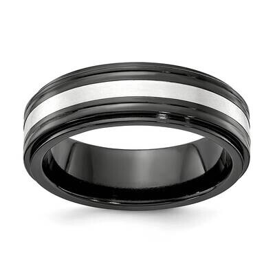 Edward Mirell Black Ti with Sterling Silver Inlay Double Groove 7mm Engravable Band EMR368 by Edwar…