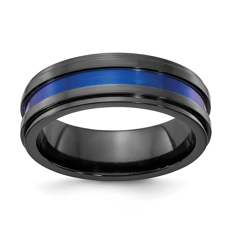 Edward Mirell Black Ti Grooved Blue Anodized 7mm Engravable Band EMR335-7MM