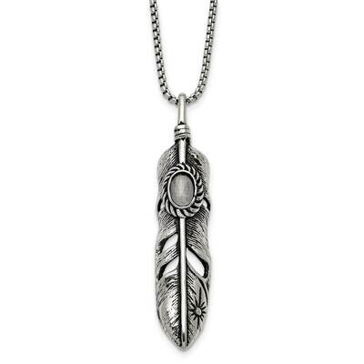 Antiqued &amp; Polished with White Cat&#39;s Eye Feather 24 Inch Necklace Stainless Steel SRN2856-24 by Chi…