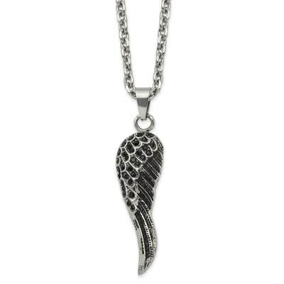 24 Inch Polished &amp; Antiqued with Black Crystal Wing Necklace Stainless Steel SRN2850-24 by Chisel, …