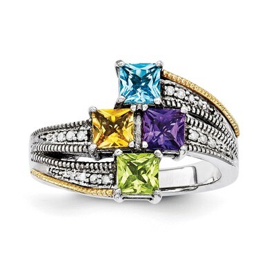 4 Birthstones &amp; 14k Four-stone and Diamond Mother&#39;s Semi-Mount Ring Sterling Silver QMR12/4-10, MPN…