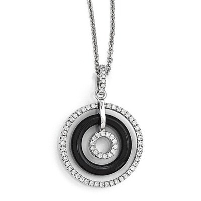 Cubic Zirconia &amp; Onyx Circles Necklace Sterling Silver QMP974-18, MPN: QMP974-18, 191101471032
