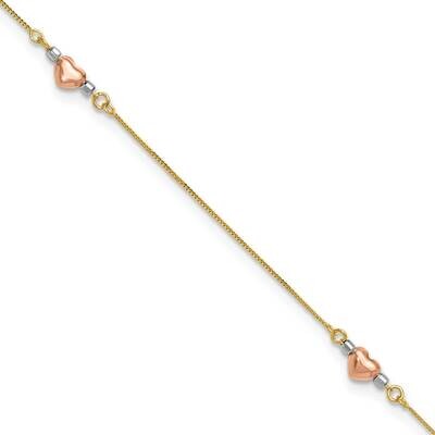 Tri-Color Puffed Heart 10In Plus 1Inch Extension Anklet 14k Gold ANK161-10, MPN: ANK161-10, 8839571…