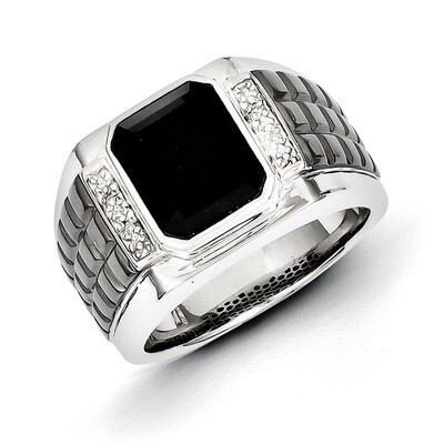 Diamond &amp; Onyx Square Black Rhodium-plated Men&#39;s Ring Sterling Silver QR5559, MPN: QR5559, 88677430…