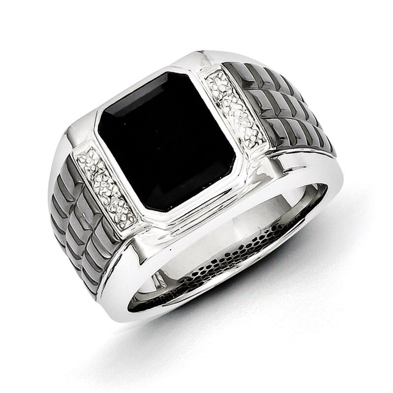 Diamond & Onyx Square Black Rhodium-plated Men's Ring Sterling Silver QR5559