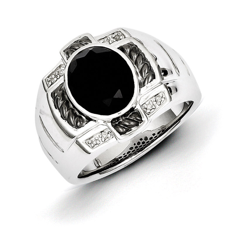 Diamond & Onyx Oval Black Rhodium-plated Men's Ring Sterling Silver QR5550