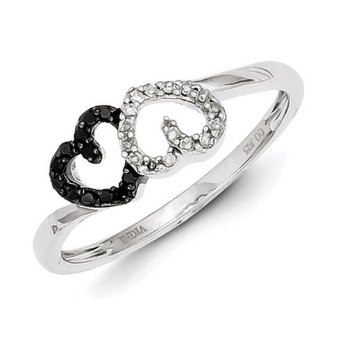 Black and White Diamond Double Heart Ring Sterling Silver QR5345