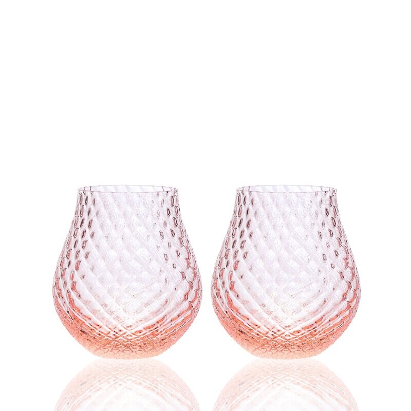 Caskata Phoebe Tulip Stemless Wine Glasses Set of 2 Rose GL-OPHBNOSTEM-300