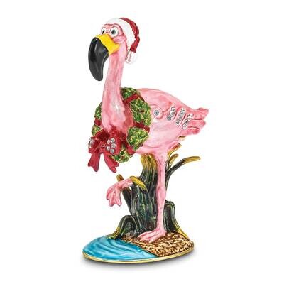 By Jere LEFTY Holiday Flamingo Trinket Box with Matching 18 Inch Necklace Pewter Bejeweled Crystals…