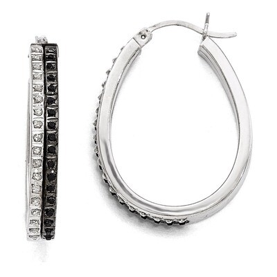 Oval Hinged Hoop Earrings Sterling Silver Black &amp; White Diamond QDF143, MPN: QDF143, 883957488875