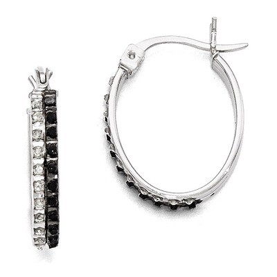 Oval Hinged Hoop Earrings Sterling Silver Black &amp; White Diamond QDF142, MPN: QDF142, 883957496078