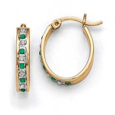 Emerald Oval Hoop Earrings Sterling Silver &amp; Gold-plated with Diamonds QDF139, MPN: QDF139, 1911011…
