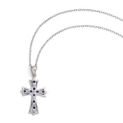 Diamond &amp; Sapphire 18 Inch Cross Necklace Sterling Silver &amp; Platinum-plated QDF129, MPN: QDF129, 19…