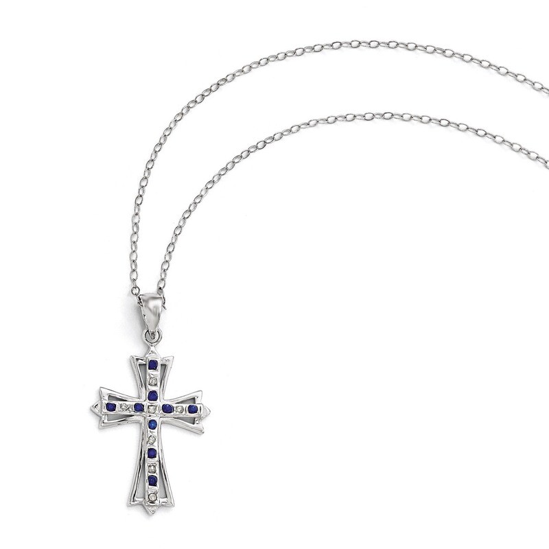 Diamond & Sapphire 18 Inch Cross Necklace Sterling Silver & Platinum-plated QDF129