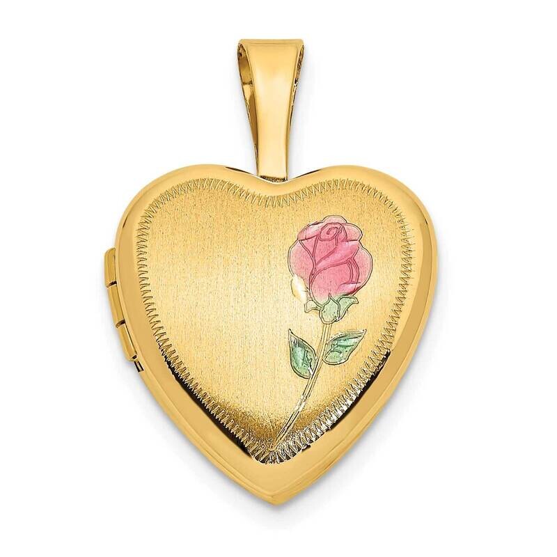 12mm Satin with Enamel Rose Heart Locket 14k Gold XL798