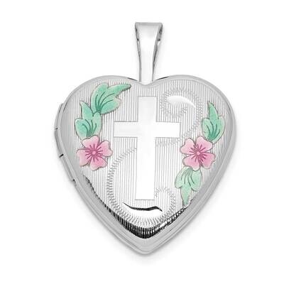 16mm with Enamel Floral Cross Heart Locket 14k White Gold XL797, MPN: XL797,