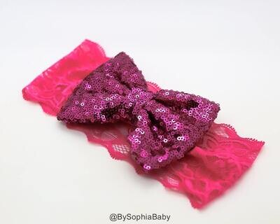 Pink Sequin Bow Headband Pink Lace Headband Newborn Headband Photography Prop Lace Headband Sequin …