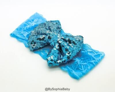 Blue Sequin Bow Headband Blue Lace Headband Newborn Headband Photography Prop Lace Headband Sequin …