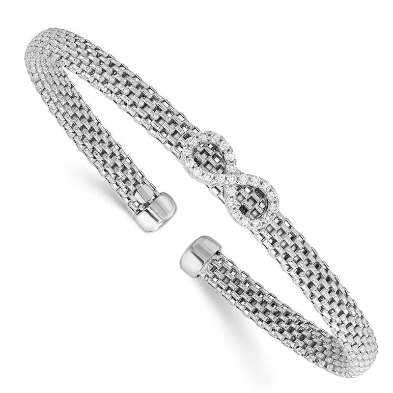 Polished CZ Diamond Infinity Flexible Cuff Bangle Sterling Silver Rhodium-plated QB1440