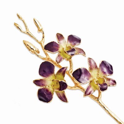 Purple Yellow Dendrobium Orchid Stem Lacquer Dipped Gold Trimmed GM8323, MPN: GM8323, 810391017293