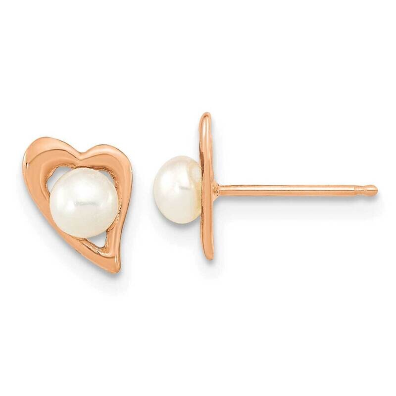 3-4mm Button White Cultured Freshwater Pearl Heart Earrings 14k Rose Gold XFR601E