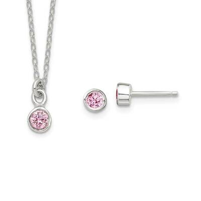 Kids Bezel Pink CZ Diamond Necklace and Post Earrings Set Sterling Silver QST272, MPN: QST272, 1969…