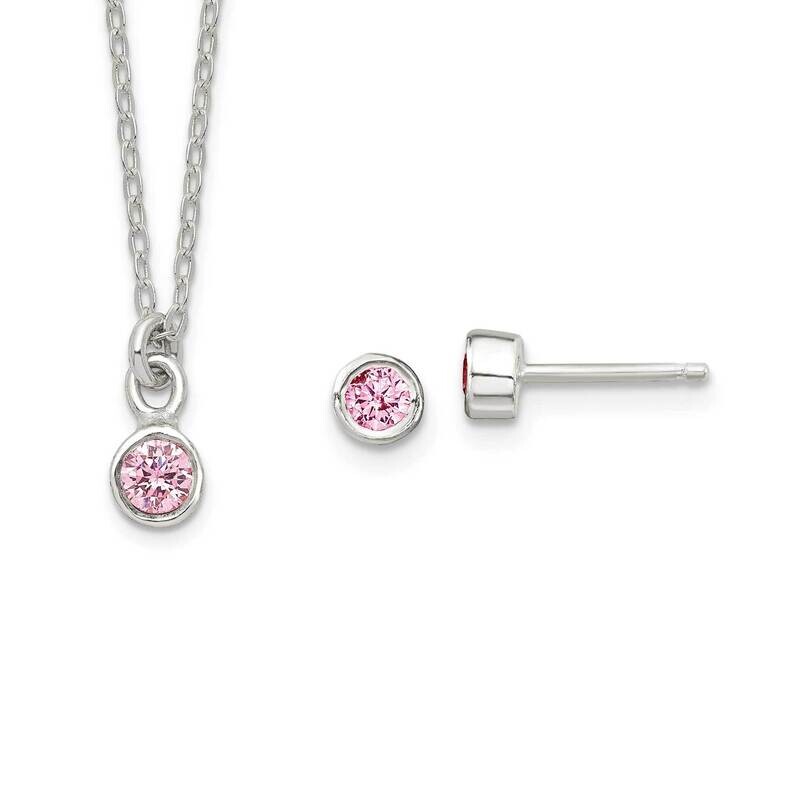 Kids Bezel Pink CZ Diamond Necklace and Post Earrings Set Sterling Silver QST272