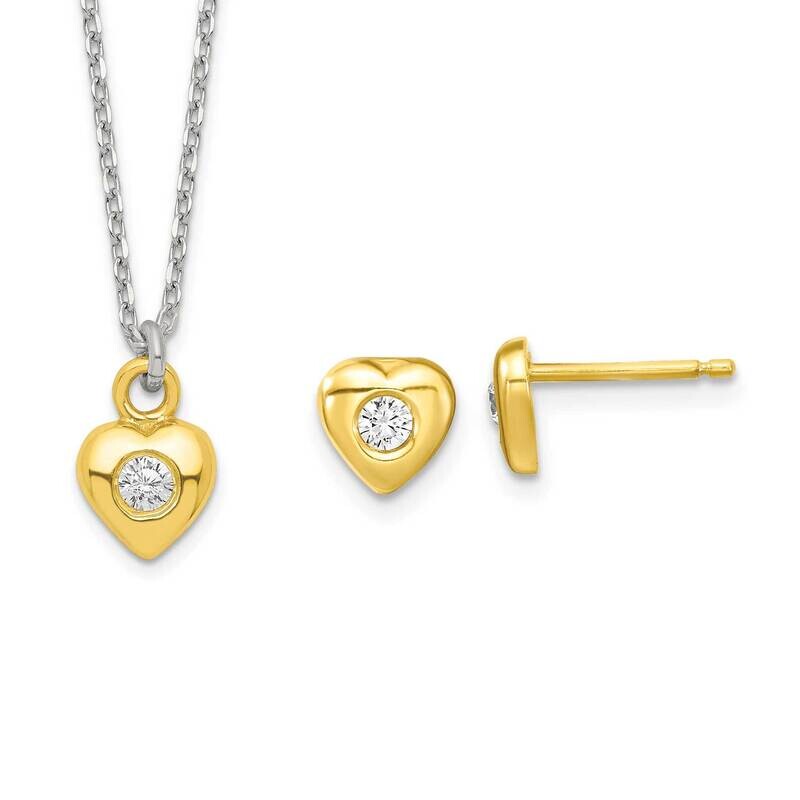Sterling Silver Kids CZ Diamond Heart Necklace and Post Earrings Set Gold-tone QST271