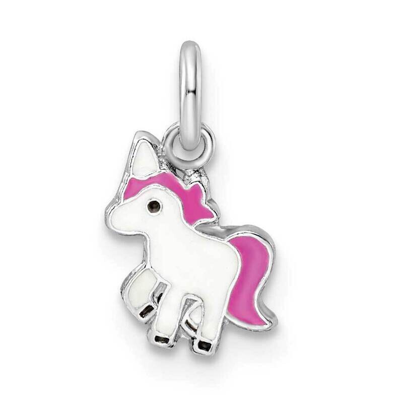 Pink White Enamel Kids Unicorn Pendant Sterling Silver Rhodium-plated QP5700