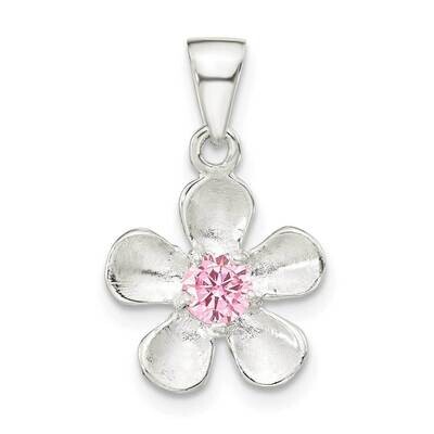 Brushed &amp; Polished Pink CZ Diamond Flower Pendant Sterling Silver QP5693, MPN: QP5693,