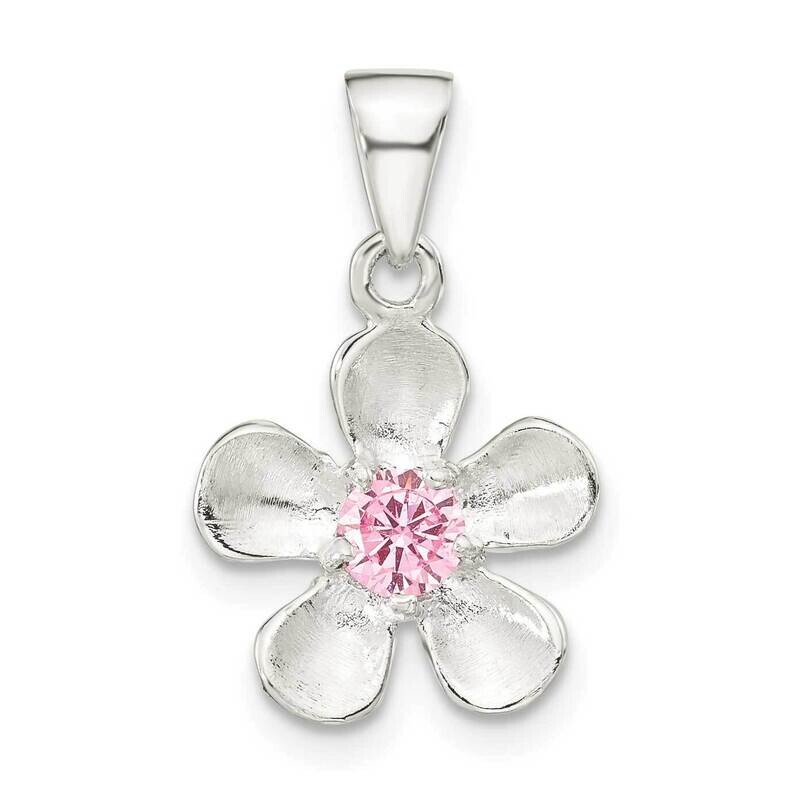 Brushed & Polished Pink CZ Diamond Flower Pendant Sterling Silver QP5693
