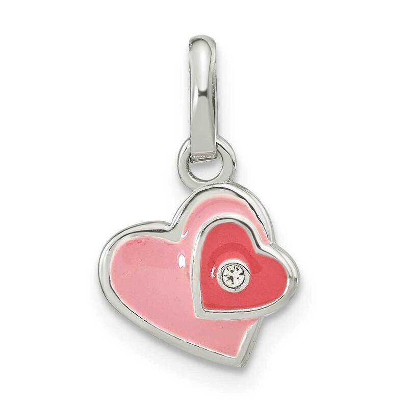 Pink Hot Pink Enamel CZ Diamond Double Heart Pendant Sterling Silver QP5680